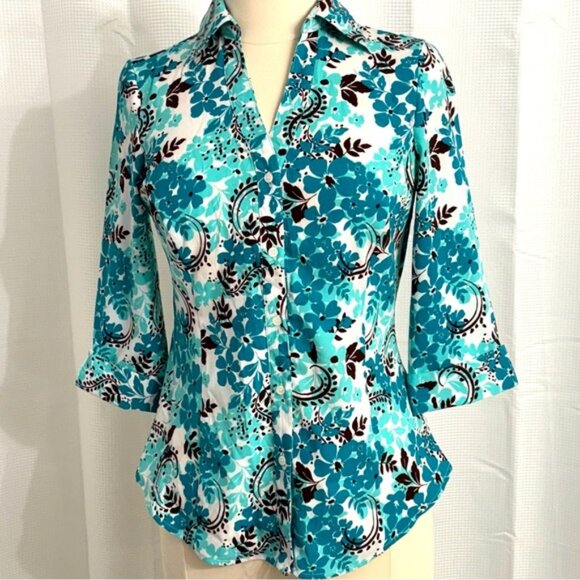 Fred David Tops - Fred David Women's 3/4 Notched Sleeves, Front Button, Floral Blouse, Aqua/Black